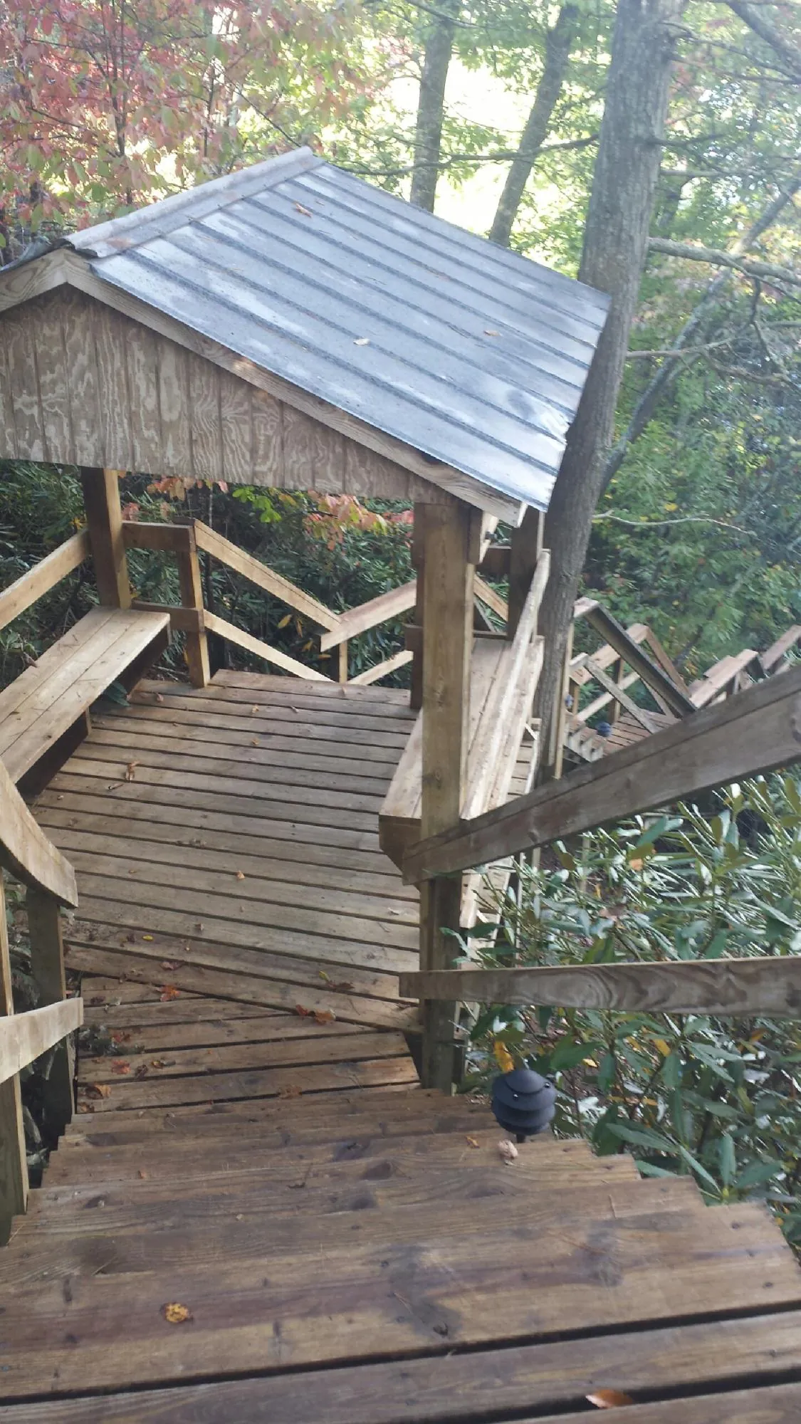 Metal roofed shelter over wooden steps on a wooded walkway — Skylight Repair & Installation work by our crew in Guild
